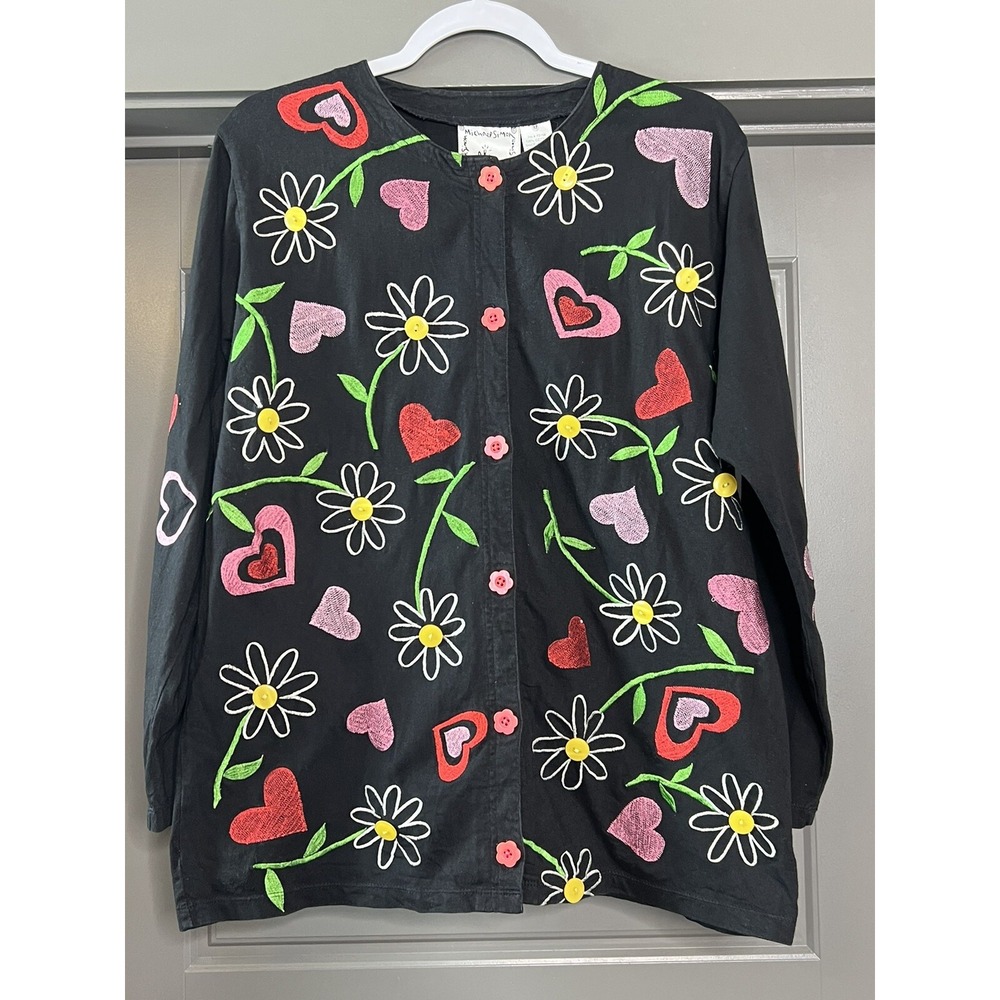 Michael Simon Lite Cardigan Women Medium Black‎ Floral Embroidery Sweater Boho - Picture 12 of 12